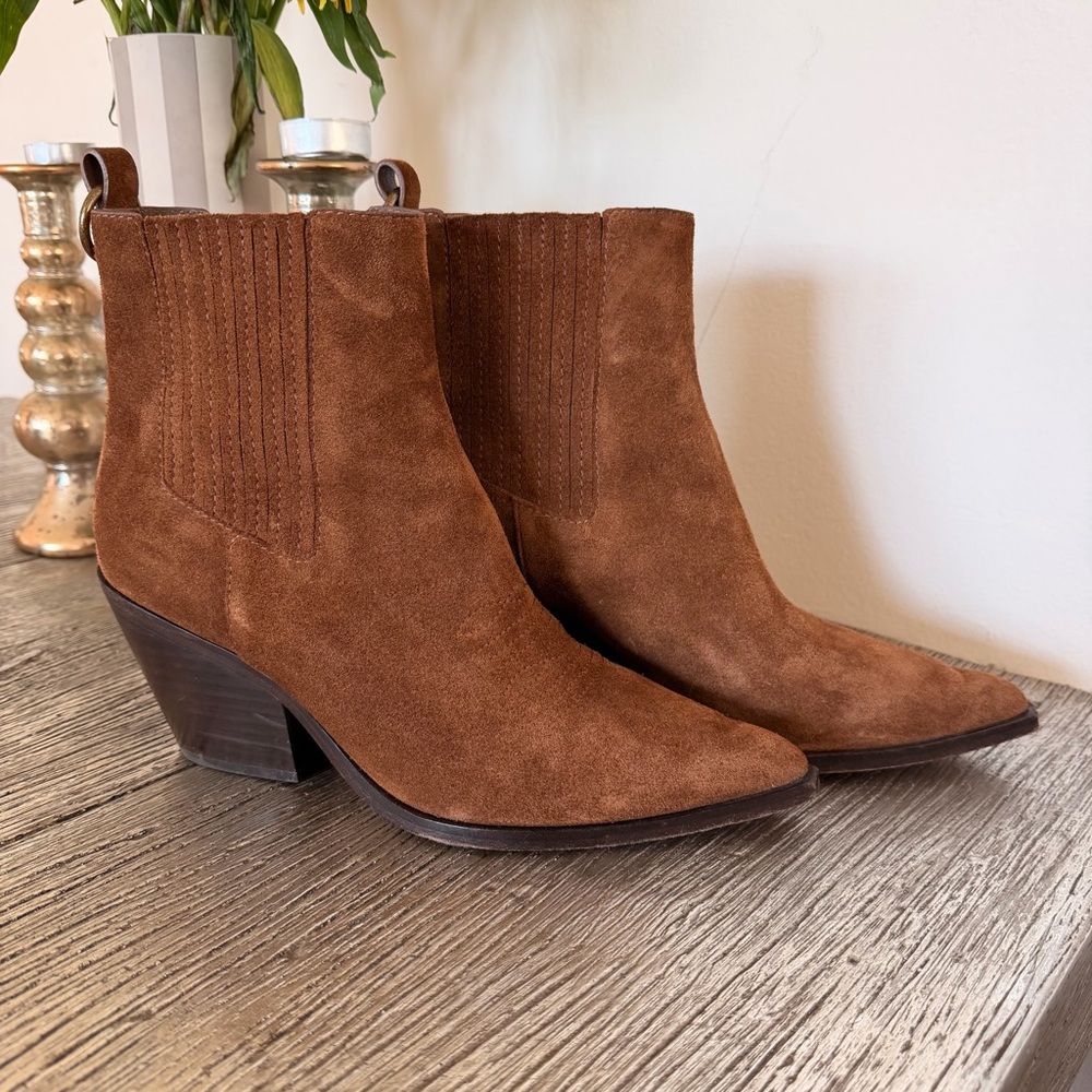 PAIGE Brown Suede Pointed Toe Western Ankle Boots